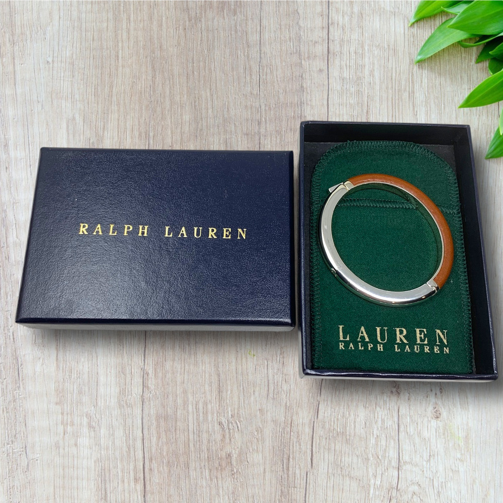 Vtg Y2K Ralph Lauren LRL Silver Tone Leather Bangle Bracelet Hinged Cuff + Box